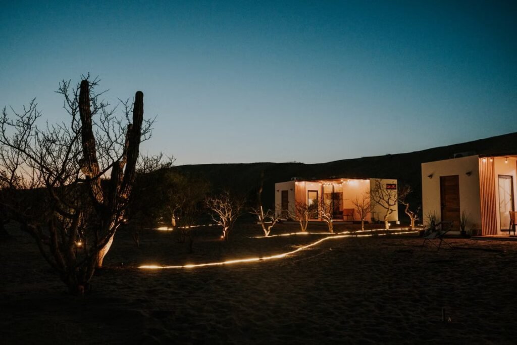 Desert home at twilight